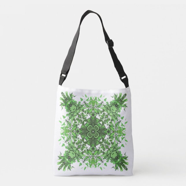 Bolso Cruzado Abstract Floral Pattern In Black & Green On White  (Reverso)