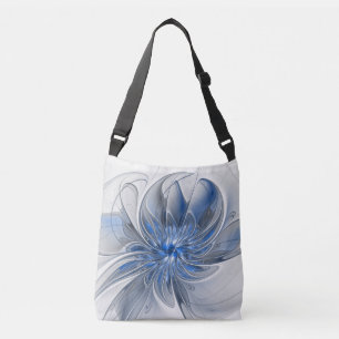 Bolso Cruzado Abstracto Flor de arte fractal de color gris azul