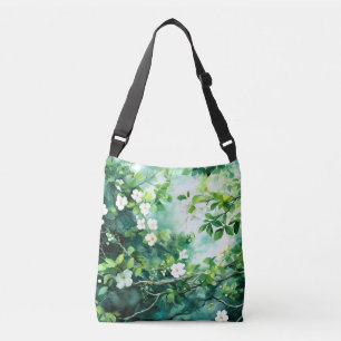 Bolso Cruzado Acuarela Botánica Flores Blancas Hojas Verdes