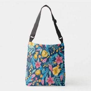Bolso Cruzado acuarela botánica: flores, hojas adornadas.