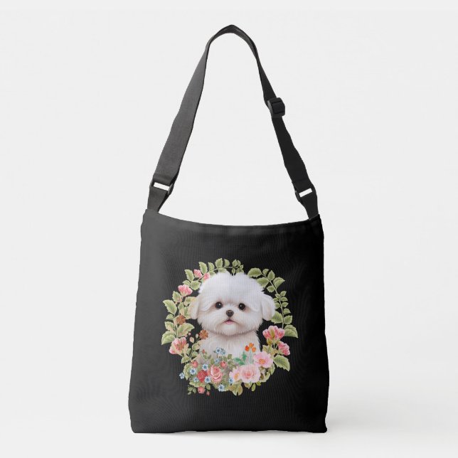 Bolso Cruzado Adorable cachorro maltés en flor, amante de los pe (Anverso)