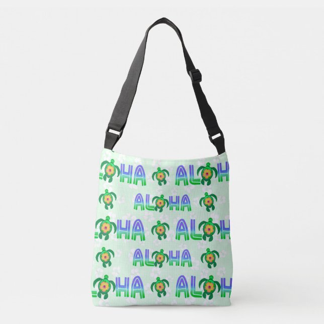Bolso Cruzado Aloha verde púrpura hawaiana tortuga tropical (Anverso)