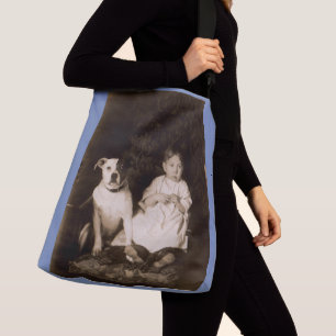 Bolso Cruzado alrededor de 1910 pitbull y baby RPPC
