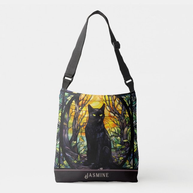 Bolso Cruzado Amarillo de vidrio manchado de gato negro (Anverso)