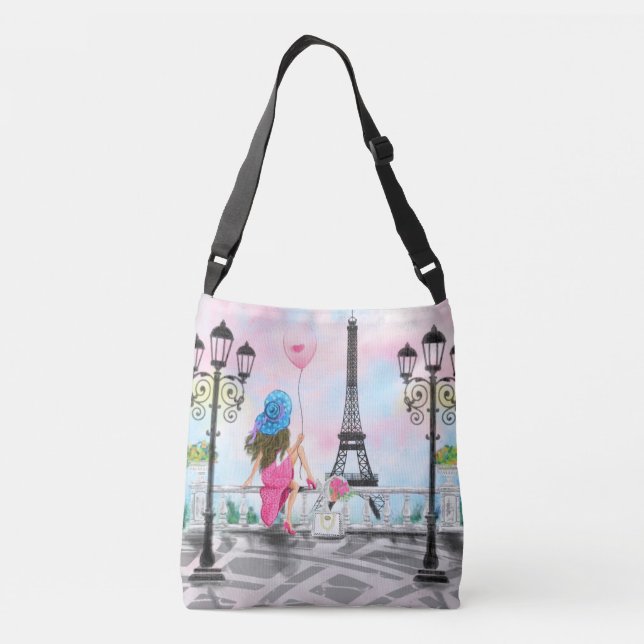 Bolso Cruzado Amo París - Bonito y globo rosa de corazón (Reverso)
