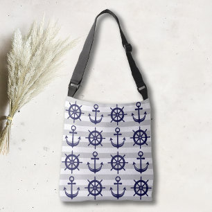Bolso Cruzado Ancla Azul Marino Rueda de Barco Franja Gris Náuti