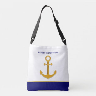Bolso Cruzado Ancla dorada familiar sobre azul y blanco