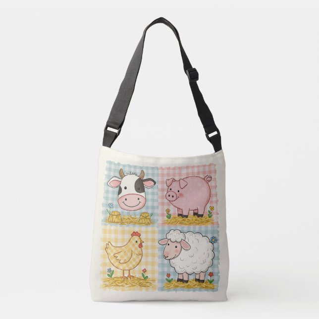 Bolso Cruzado Animales de la granja Cute Gingham Barnyard (Anverso)