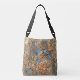 Bolso Cruzado Árboles altos, hojas de otoño y aves azules