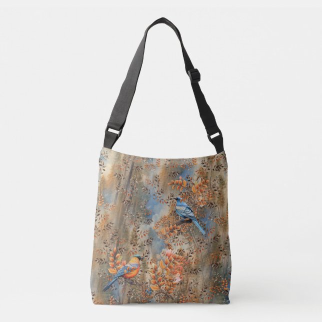 Bolso Cruzado Árboles altos, hojas de otoño y aves azules (Anverso)