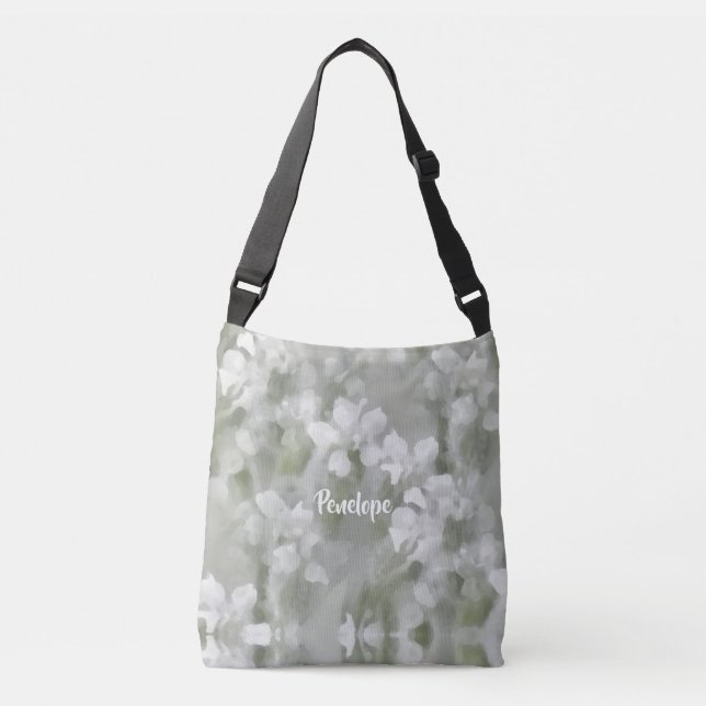 Bolso Cruzado Arte botánico impresionista blanco con nombre (Anverso)