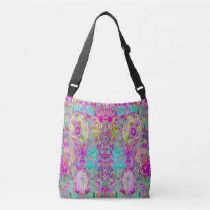 Bolso Cruzado Arte de jardín magenta y aqua abstracto psicodélic