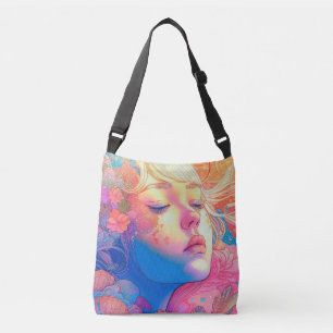 Bolso Cruzado Arte de una linda chica colorida rodeada de flores