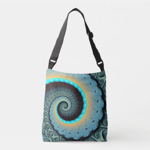 Bolso Cruzado Arte fractal en espiral abstracto azul turquesa na