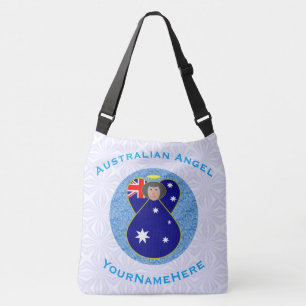 Bolso Cruzado Australiano Ángel Azul Blanco Texto Personalizado