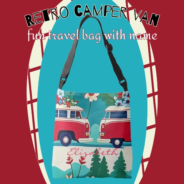 Bolso Cruzado Autobús Hippie Flower Fun retro (Easily add your name or other text.)