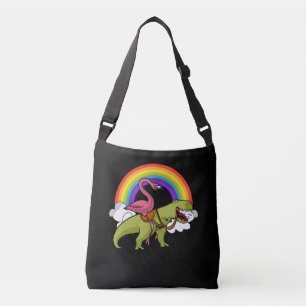 Bolso Cruzado Ave flamenca montando arcoiris en dinosaurio T-Rex