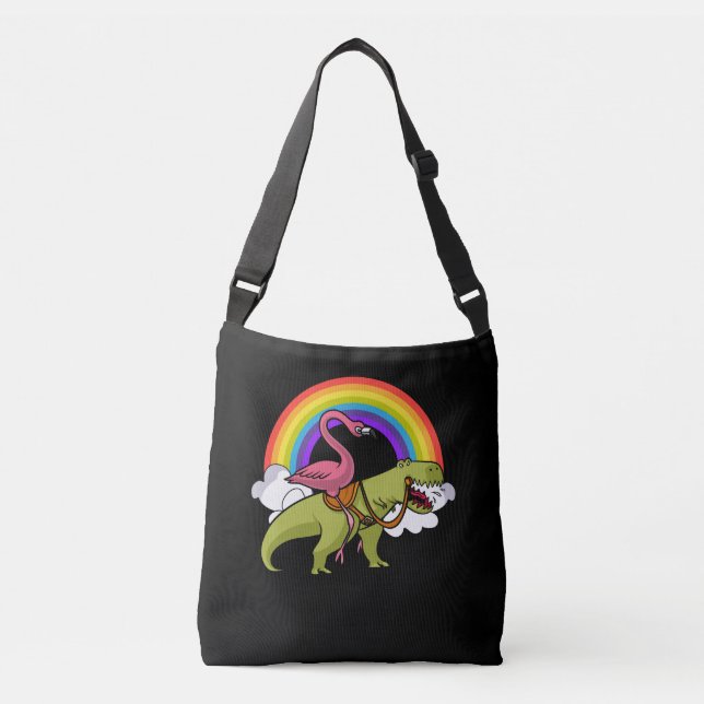 Bolso Cruzado Ave flamenca montando arcoiris en dinosaurio T-Rex (Anverso)