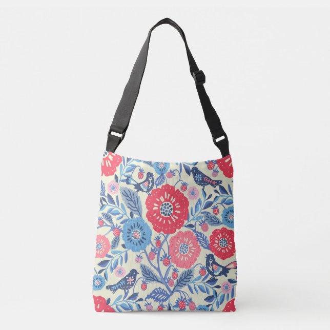 Bolso Cruzado Aves De Arte Popular Fresa Y Flores (Anverso)