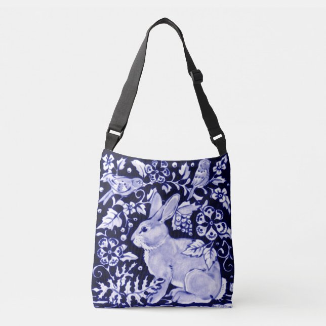 Bolso Cruzado Aves de Conejo Azul y Blanco Diseñador Floral Tote (Anverso)