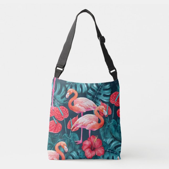 Bolso Cruzado Aves flamencas y acuarela de jardines tropicales (Anverso)