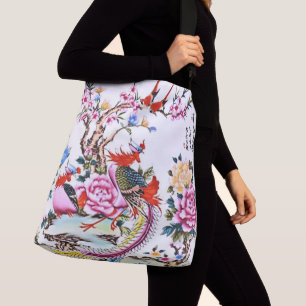 Bolso Cruzado Aves florales chinas antiguas Chinoiserie blanca