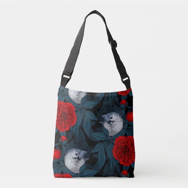 Bolso Cruzado Aves y flores de peón rojo con hojas azules (Anverso)
