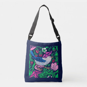 Bolso Cruzado Aves y flores William Morris, Marina y Fuchsia