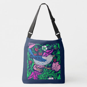 Bolso Cruzado Aves y flores William Morris, Marina y Fuchsia