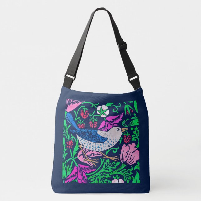 Bolso Cruzado Aves y flores William Morris, Marina y Fuchsia (Anverso)