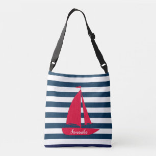Bolso Cruzado Azul Náutico Navy Azul Blanco Raya Monograma Rojo