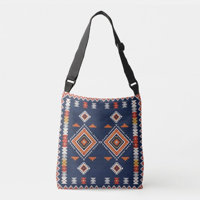 Bolso Cruzado Azure Navy and Terracotta Geometric Tribal (Anverso)