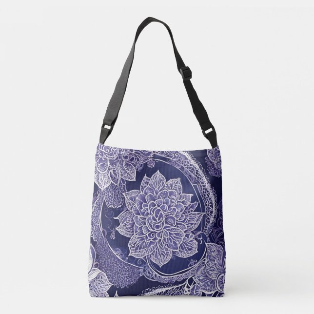 Bolso Cruzado Belleza azul floral arte de IA (Reverso)
