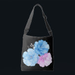 Bolso Cruzado Blue and Pink Floral Chic<br><div class="desc">A beautiful trio of blue and pink flowers on a black background creates a gorgeous crossbody bag.  Simple,  stylish,  feminine,  perfect for shopping,  the office,  or school.</div>