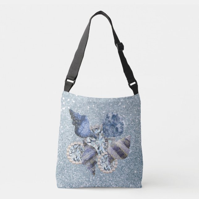 Bolso Cruzado Blue Aquamarine Seashells & Jewels Faux Purpurina (Anverso)