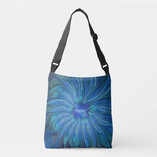 Bolso Cruzado Blue Flower Fantasy Pattern, Abstract Fractal Art (Anverso)