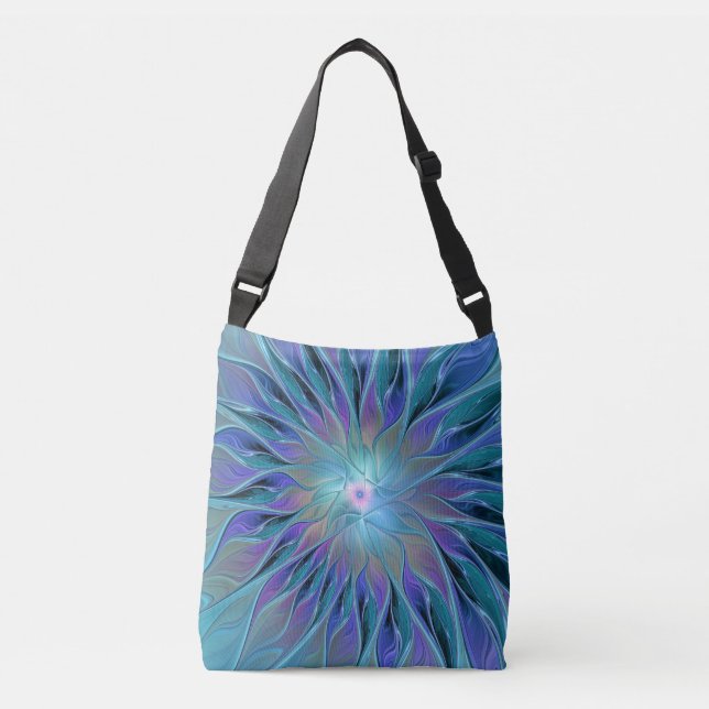 Bolso Cruzado Blue Purple Flower Dream Resumen arte fractal (Anverso)