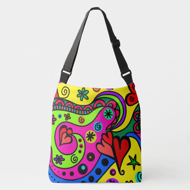 Bolso Cruzado Boho Hippie Colorful Psychedelic Design Hearts (Anverso)
