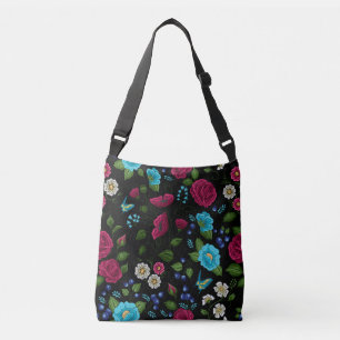 Bolso Cruzado Bordado Estilo Folclórico Azul Rosa Floral Negro