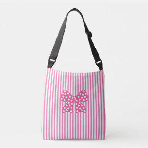 Bolso Cruzado Bow rosa, puntos, franjas rosadas