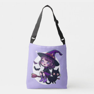 Bolso Cruzado Bruja linda con un gato negro de cuarto  
