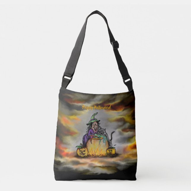 Bolso Cruzado Bruja y gato negro, ¡Feliz Halloween! (Anverso)