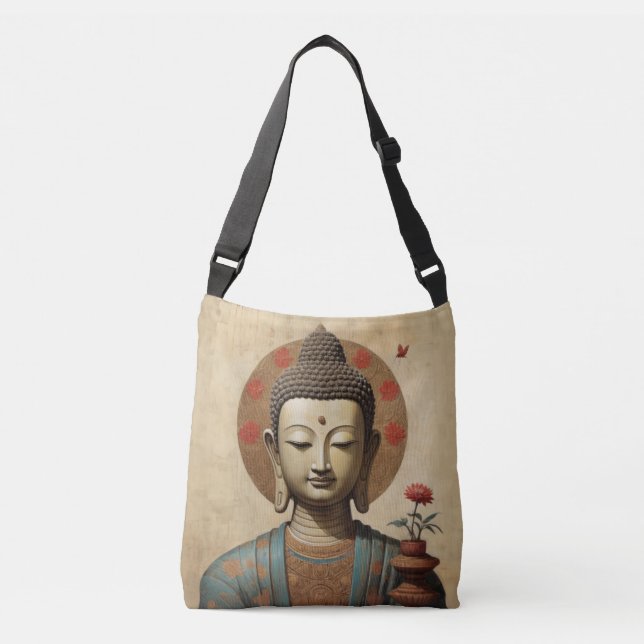 Bolso Cruzado Buda encantado en meditación con flores (Anverso)