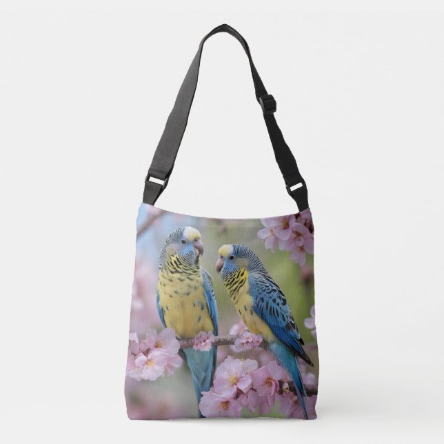 Bolso Cruzado Budgies Azules Y Amarillos En Árbol De Flor Rosa, (Anverso)