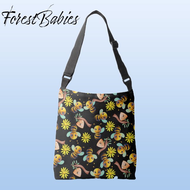 Bolso Cruzado Bumble Bee 🐝 Amarillo Daisy Honey Black Floral (🐝 Bumble Bee, ForestBabies Yellow Daisy, Honey Hive Black Floral Cross Body Bag - Front)