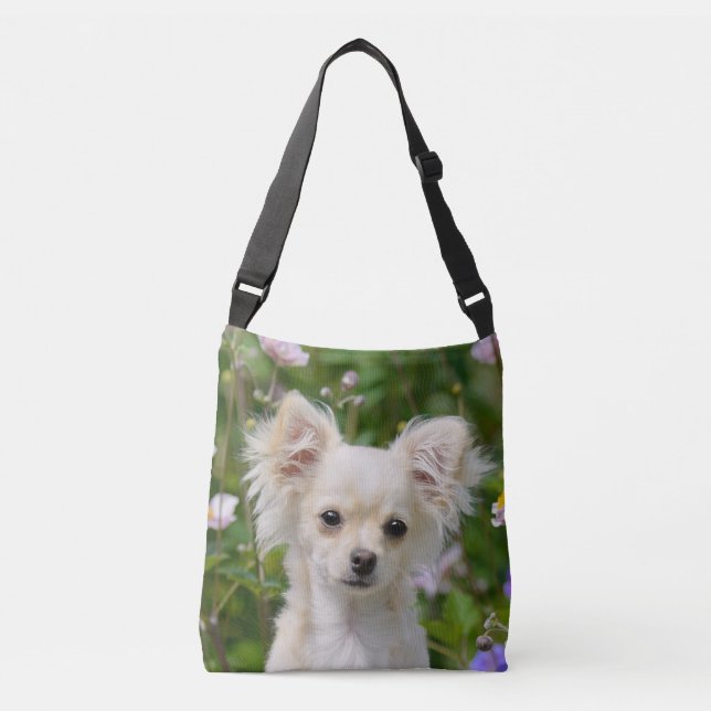 Bolso Cruzado Cachorro crema chihuahua de perro de pelo largo - (Anverso)
