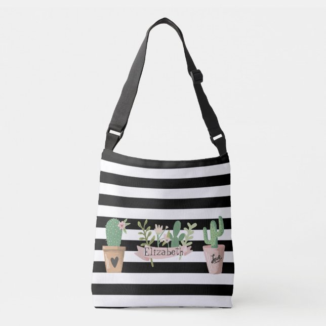 Bolso Cruzado Cactus Flor Black White Stripes (Anverso)
