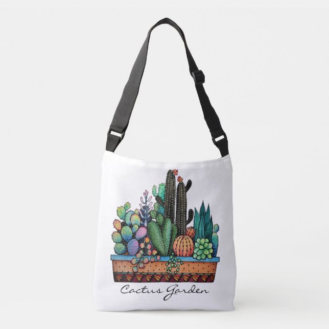 Bolso Cruzado Cactus Garden Cute Watercolor En Pot (Anverso)