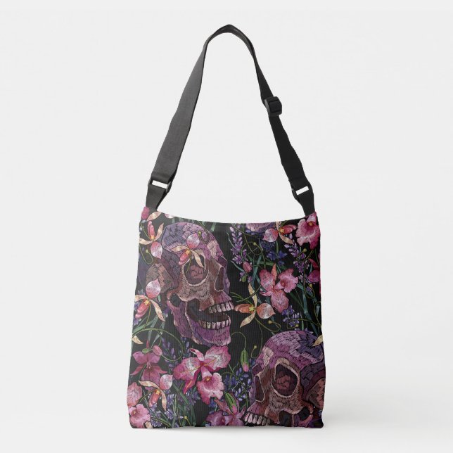 Bolso Cruzado Calavera bordada: Patrón de orquídeas góticas (Anverso)