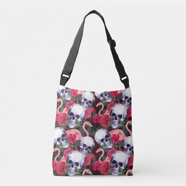 Bolso Cruzado Calavera floral, flamingo sin costuras. (Anverso)